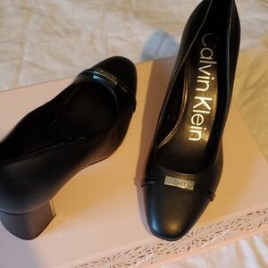 Calvin Klein Black Leather Block Heel Pumps with Metal Logo